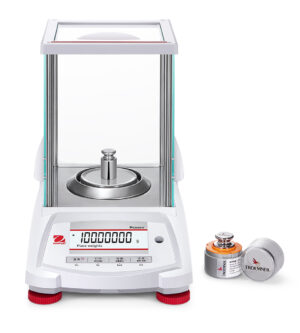 OHAUS Pioneer PX5 Semi-Micro Laboratory Balance Draftshield Calibration with Weights Front View